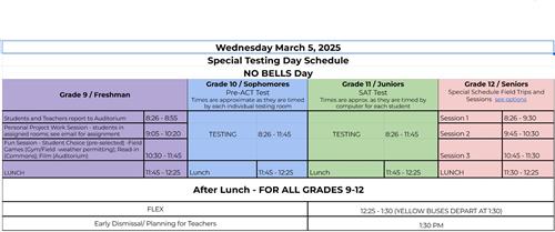 March 5, 2025 Special Testing Schedule